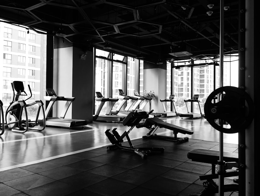 Group fitness class training in a bright studio
